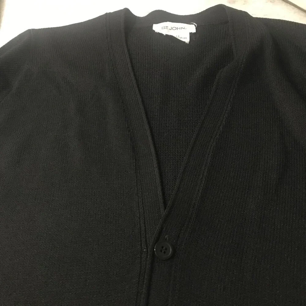 St. John Cardigan Sweater Womens XL Black Button Front V Neck Knit Pockets Long